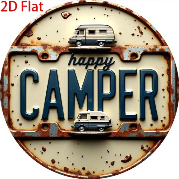 HELLOYOUNG Vintage Happy Camper Metal Wall Art Rustic Round Plaque Rusty Blue RV Trailer Decor for Living Room Home Outdoor
