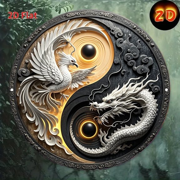 HELLOYOUNG Vintage Harmony Dragon Phoenix Metal Tin Sign Wall Art Home Decor 8x8 Inch for Living Room Bedroom