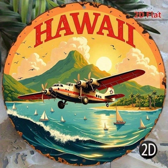 HELLOYOUNG Vintage Hawaii Tin Sign 8x8 Inch Round Metal Wall Art, Retro Hawaiian Islands Beach Decor for Coastal Home Bar Kitchen