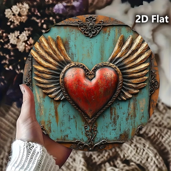 HELLOYOUNG Vintage Heart Metal Wall Art, 8x8 Inch Rustic Tin Sign with Blue Background & Gold Wings, Durable Iron Garden Decor for Home, Patio, Cafe, Office