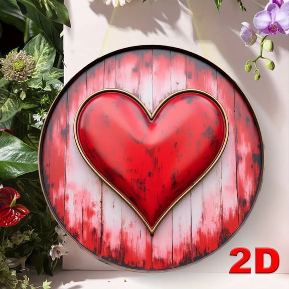 HELLOYOUNG Vintage Heart Wall Sign, Distressed Red White Rustic Metal Wall Decor with Gold Accents, Waterproof & Pre-drilled 2D Flat Art for Home & Garden