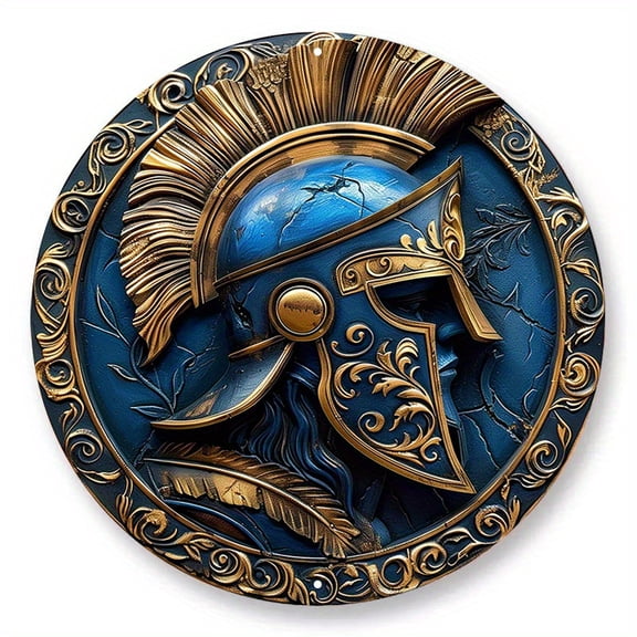 HELLOYOUNG Vintage Helmet Metal Sign, Aluminum Round Poster with Ancient Greek Imagery, Retro Wall Art for Bar