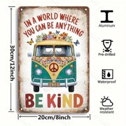 HELLOYOUNG Vintage Hippie Bus Foil Engraving Art Sign, Inspirational Be Kind Wall Decor for Cafe Kitchen Bar Home, Peace Symbol Floral Design