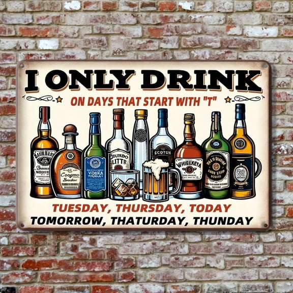 HELLOYOUNG Vintage I Only Drink on Days Starting with T Tin Sign, Retro Metal Wall Art for Home Bar Pub Decor, Rustic 8x12 Inch Metal Plaque