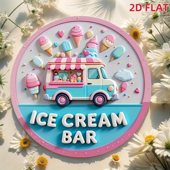 HELLOYOUNG Vintage Ice Cream Truck Metal Sign Colorful 2D Round Plaque Wall Decor for Home Cottage Bar Kitchen