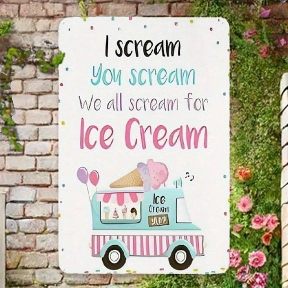 HELLOYOUNG Vintage Ice Cream Truck Tin Sign 8x12 Inch, Retro Metal Wall Decor with Balloons & Sprinkles, Rustic 2D Flat Wall Art for Kitchen Cafe