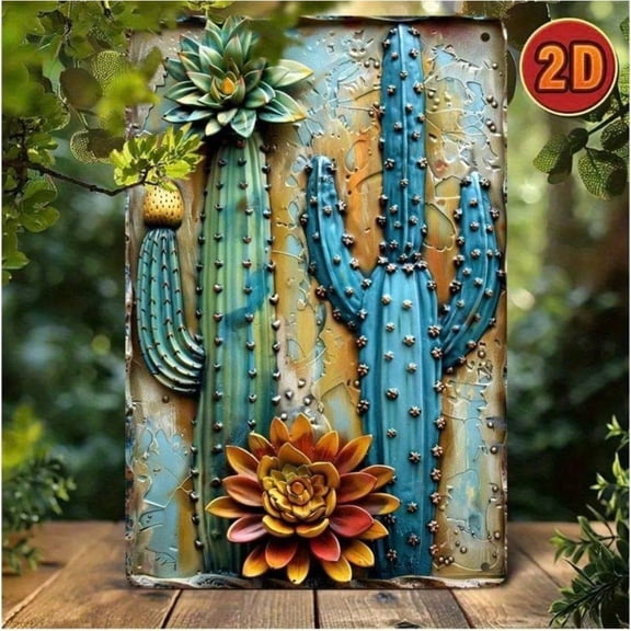 HELLOYOUNG Vintage Iron Cactus Metal Sign Retro Wall Art Decor for Garden Home Patio, Rustic Western Outdoor Indoor Yard Decoration