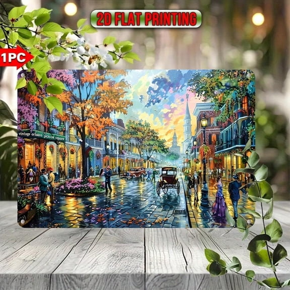 HELLOYOUNG Vintage Iron Wall Art Sign Plaque UV Print New Orleans Street Scene English Text Wall Hanging for Living Room, Bedroom, Kitchen, Bathroom, Halloween Home Decor
