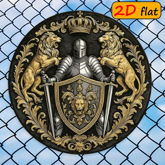 HELLOYOUNG Vintage Knight Lion Shield Metal Wall Sign, 7.87in Round Aluminum Art Decor for Home Pub Garage