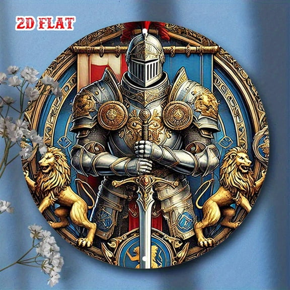 HELLOYOUNG Vintage Knight Wall Art 2D Flat Aluminum Metal Sign Medieval Decor with Lion Shield for Cafe Garage Home Decor Bar Man Cave Gift