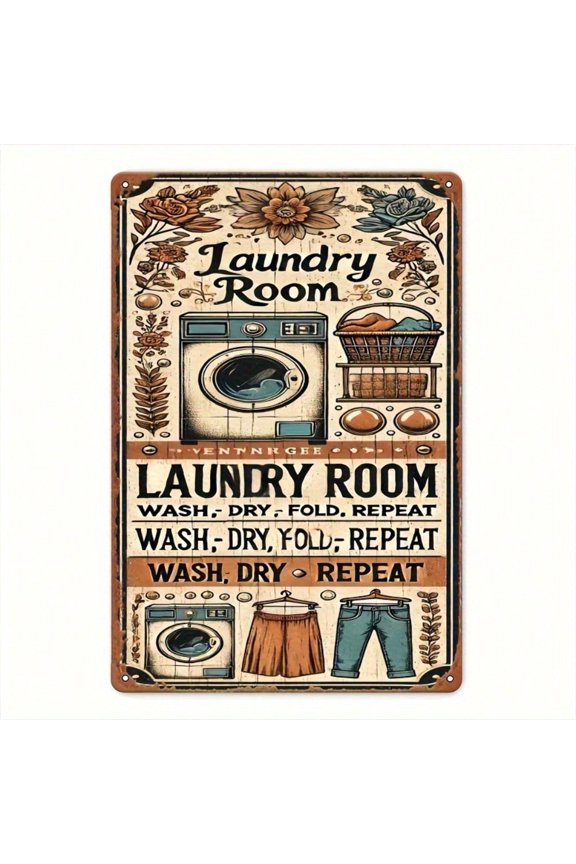 Vintage Laundry Room Sign 12x8 Inch Rustic Aluminum Tin Wall Decor with Washing Drying Icons for Home Cafe Bar