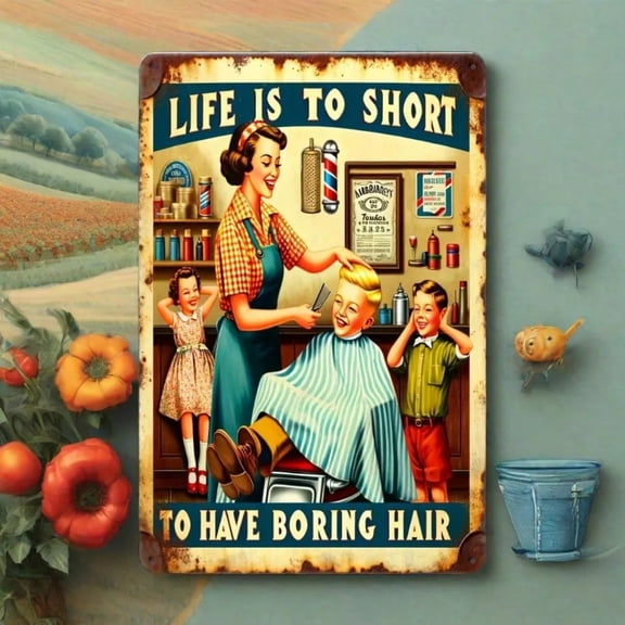 HELLOYOUNG Vintage "Life's Too Short" Hair Stylist Metal Sign Barber Tin Wall Decor Retro Salon Gift for Valentine Room Bar