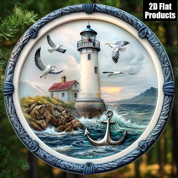 HELLOYOUNG Vintage Lighthouse Seagulls Round Metal Tin Sign, 20cm Retro Wall Art Decor for Home Bar Kitchen, Rustic Farmhouse Gift