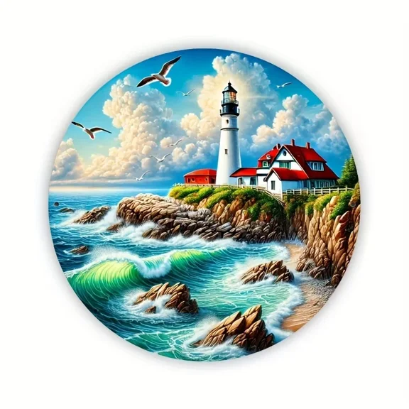 HELLOYOUNG Vintage Lighthouse Tin Metal Plaque 8x8 Inch Round Rustic Ocean View Wall Decor for Home Office Mothers Day Gift
