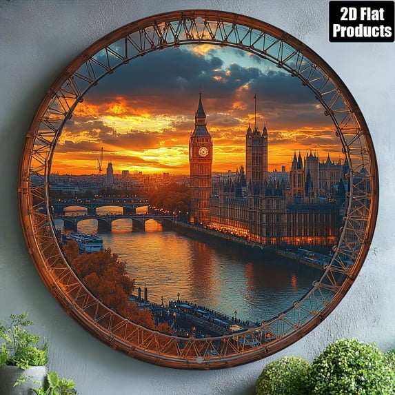 HELLOYOUNG Vintage London Skyline Tin Sign 8 Inch Round Retro Metal Wall Art Big Ben UK Souvenir Bar Pub Home Decor