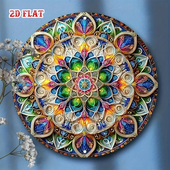 HELLOYOUNG Vintage Mandala Metal Sign Round 2D Wall Art Intricate Geometric Decor for Living Room