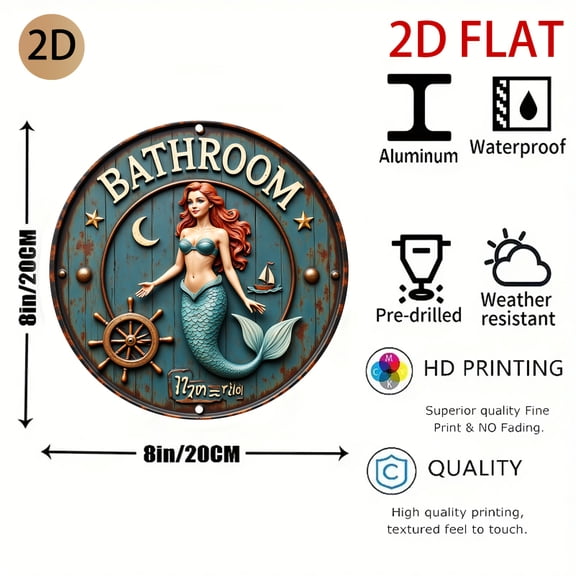 HELLOYOUNG Vintage Mermaid Bathroom Sign - Coastal Wall Art with Turquoise Gold Frame, Easy Hook Installation for Beach House Decor, Ocean Theme Metal Tin Sign for Bathroom Bedroom Kitchen