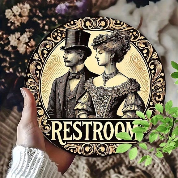 HELLOYOUNG Vintage Metal Bathroom Sign 8x8 Inch Retro Floral Wall Decor Victorian Restroom Art for Home