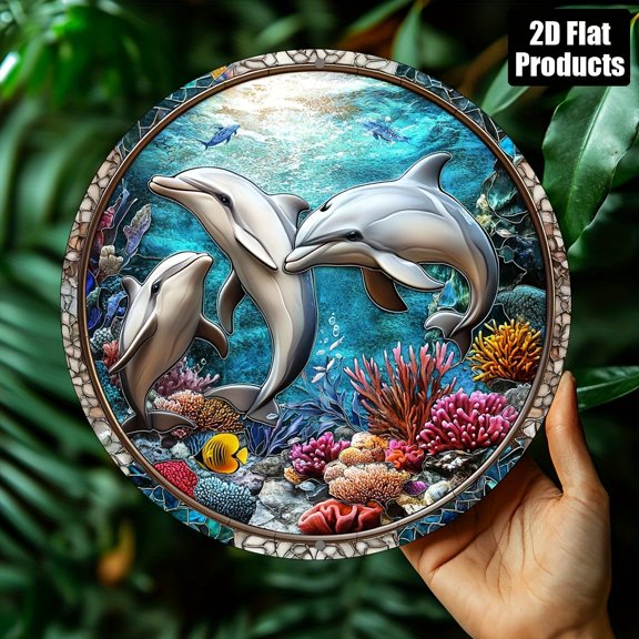 HELLOYOUNG Vintage Metal Dolphin Wall Decor, 2D Round Rustic Tin Sign for Home Bar Cafe Office