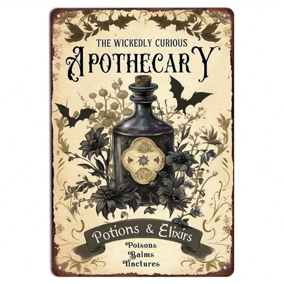 HELLOYOUNG Vintage Metal Halloween Sign Wall Art 8x12 Inch, Rustic Apothecary Decor for Kitchen Home Bar, Halloween Decorations with Witch Cauldron & Spider Web, Unique Gift for Halloween Party
