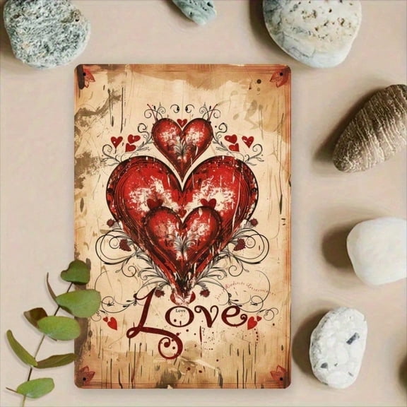 HELLOYOUNG Vintage Metal Heart Wall Decor 8x12 Inch, Rustic 2D Romantic Heart Sign For Valentine's Day Wedding Bedroom Dessert Shop Aluminum Signs Decorative Plaques