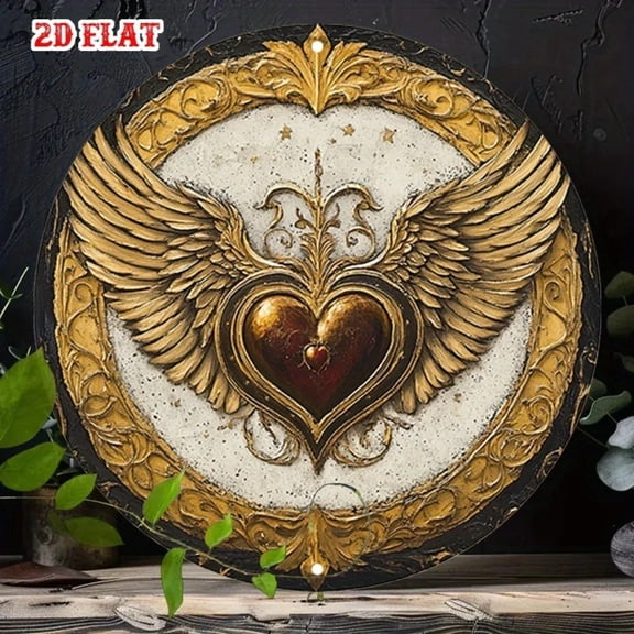 HELLOYOUNG Vintage Metal Heart Wings Sign White Round Wall Art Decor for Cafe Home Indoor Outdoor Rustic Farmhouse