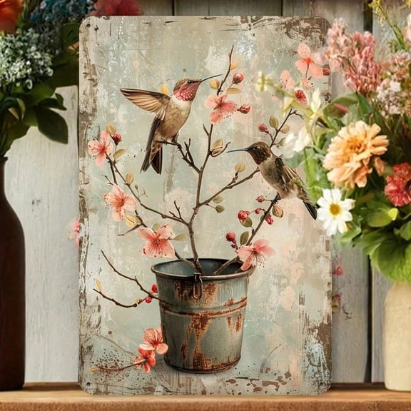 HELLOYOUNG Vintage Metal Hummingbird Wall Sign Rustic Bird Decor Outdoor Garden Bucket Plaque for Home Living Room Kitchen