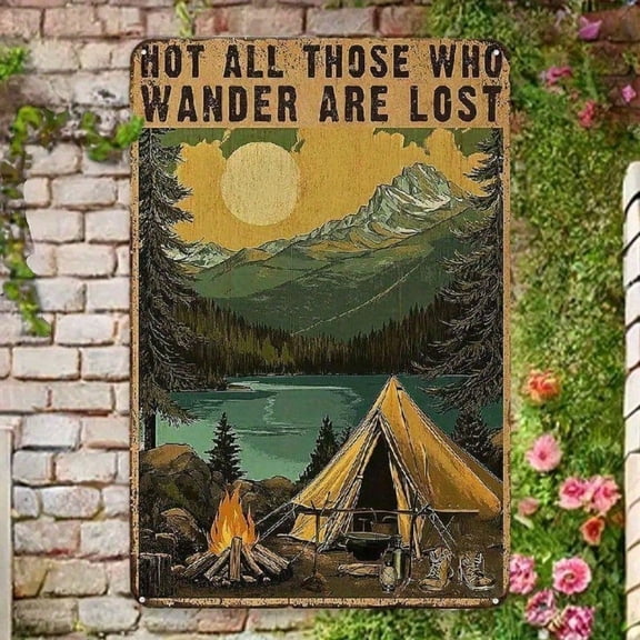 HELLOYOUNG Vintage Metal Not All Who Wander Are Lost Wall Decor, Rustic Camping Sign with Mountains and Pine Trees for Home Living Room Bedroom