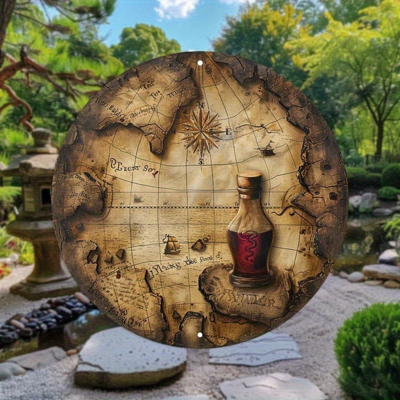 HELLOYOUNG Vintage Metal Pirate Treasure Map Wall Art, 2D Iron Decor with Bottle Cutout, Retro Home Wedding Office Sign