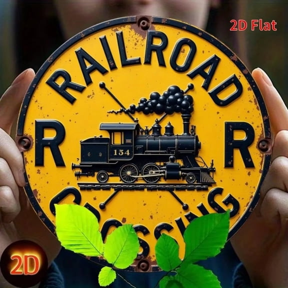 HELLOYOUNG Vintage Metal Railroad Crossing Sign Plaque 7.8 Inch, Rustic Wall Decor for Garden Garage Porch Cafe Home, Metal Tin Sign with Pre-Drilled Holes for Easy Hanging, Weathered Retro Style