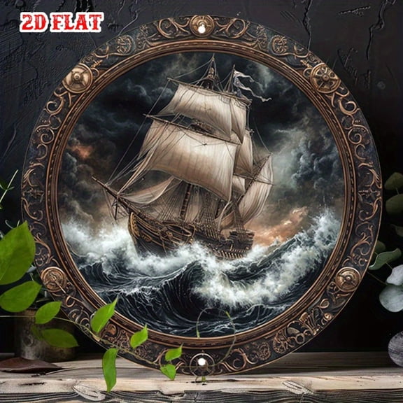 HELLOYOUNG Vintage Metal Sign 19.8cm Round Old Sailing Ship Storm Art Wall Decor for Lounge Garden