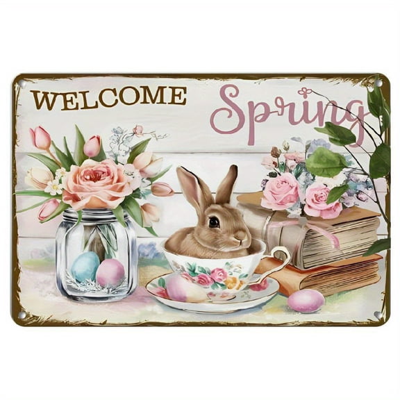 HELLOYOUNG Vintage Metal Sign 8x12 Floral Rabbit with Rose Easter Decor Spring Kitchen Home Wall Art