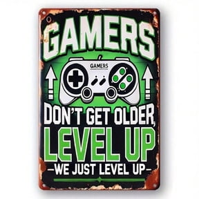 HELLOYOUNG Vintage Metal Sign 8x12 Inch "Gamers Don't Get Older We Just Level Up" Retro Gaming Wall Art Decor with Controller Design for Man Cave