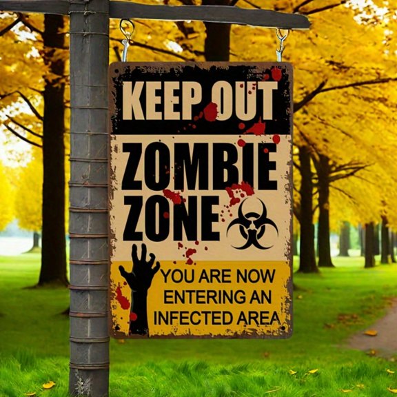 HELLOYOUNG Vintage Metal Sign 8x12 Inch Horror Wall Decor, No Zombie Zone Tin Plaque for Man Cave Bar Home, Easy To Hang Rustic Aluminum