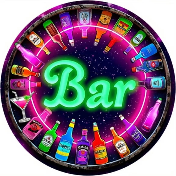 HELLOYOUNG Vintage Metal Sign "Bar" Wall Art, 7.87 Inch Round Aluminum Neon Pub Sign with Colorful Bottle Design for Cafe, Club, Man Cave Decor