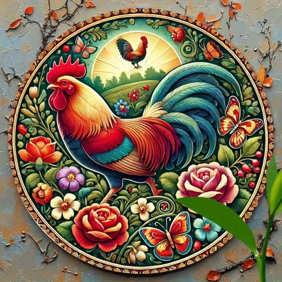 HELLOYOUNG Vintage Metal Sign Round Rooster Rose, Wall Decor Kitchen Home Outdoor Cafe Bar, Rustic Metal Tin Art Sign for Patio Garage Man Cave