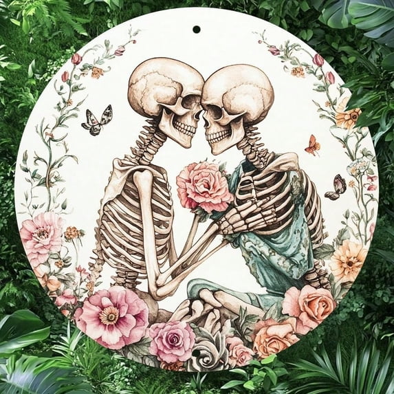 HELLOYOUNG Vintage Metal Skull Sign 8x8 Inch Weather-Resistant 2D Round Wall Art for Home Office Valentine’s Day Aluminum Decor