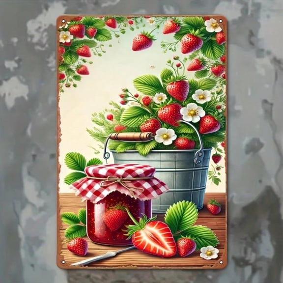 HELLOYOUNG Vintage Metal Strawberry Wall Art Rustic Tin Sign with Strawberry Jam Graphic, Durable Iron Hanging Decor for Home Cafe Kitchen