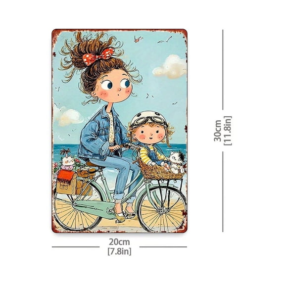 HELLOYOUNG Vintage Metal Tin Sign 2D Retro Wall Decor Cartoon Girl Bicycle Rustic Farmhouse Art 8x12 Inch