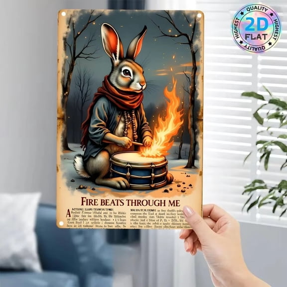 HELLOYOUNG Vintage Metal Tin Sign 8x12 Inch Retro Rabbit Drummer Wall Art Decor for Home Cafe Bar Easter Christmas Thanksgiving Holiday Decorations