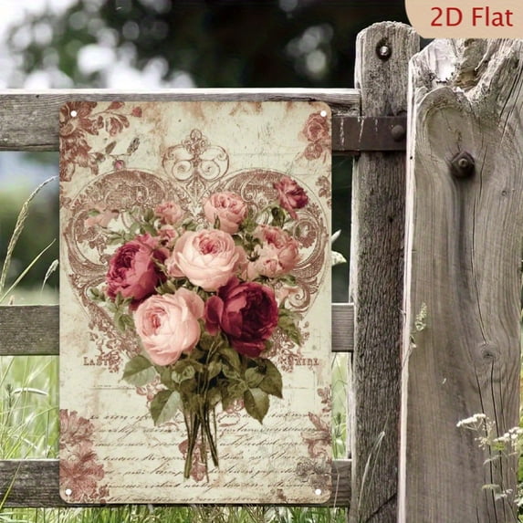 HELLOYOUNG Vintage Metal Tin Sign 8x12 Inch Rustic Rose Heart Wall Art Decor for Home Bar Cafe Romantic Pink Floral Valentine's Day Gift