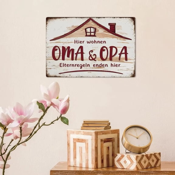 HELLOYOUNG Vintage Metal Tin Sign "Hier Wohnen Oma & Opa" German Wall Art Funny Family Rules Decor, Retro Kitchen Home Bar Garage Man Cave Gift