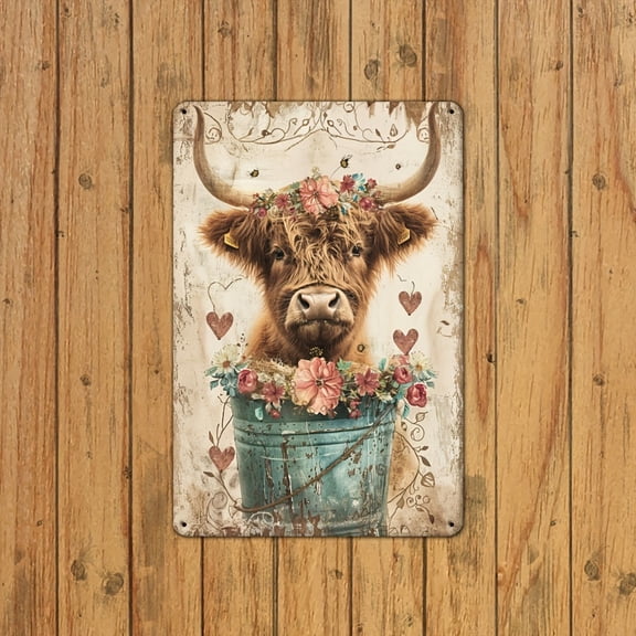 HELLOYOUNG Vintage Metal Tin Sign, Highland Cow Wall Art 8x12 Inch, Farmhouse Indoor Outdoor Decor, Rustic Metal Wall Decor for Home Kitchen Bar