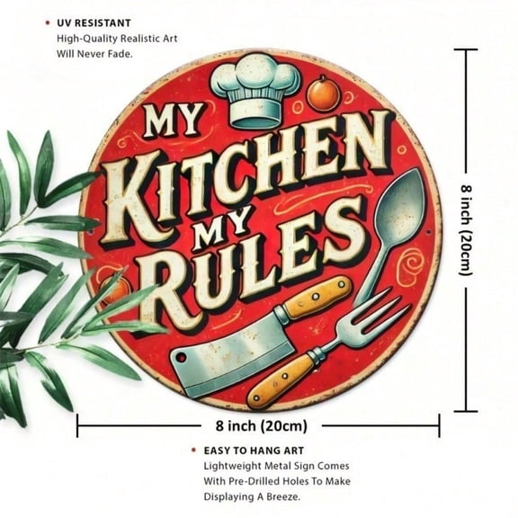 HELLOYOUNG Vintage Metal Tin Sign Round Wall Art 8x8 Inch My Kitchen My Rules Retro Rustic Plaque Home Kitchen Decor Housewarming Gift