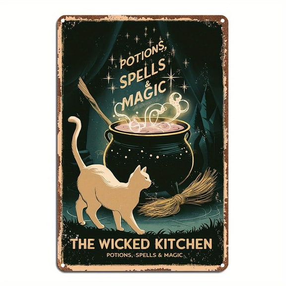 HELLOYOUNG Vintage Metal Tin Sign Wicked Kitchen Wall Art Rustic Witchy Potion Decor for Witch Theme Kitchen
