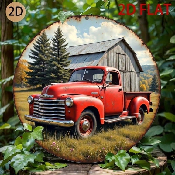 HELLOYOUNG Vintage Metal Wall Art, 2D Red Pickup Truck Barn Scene, Rustic Weathered Finish, Country Decor for Living Room Home