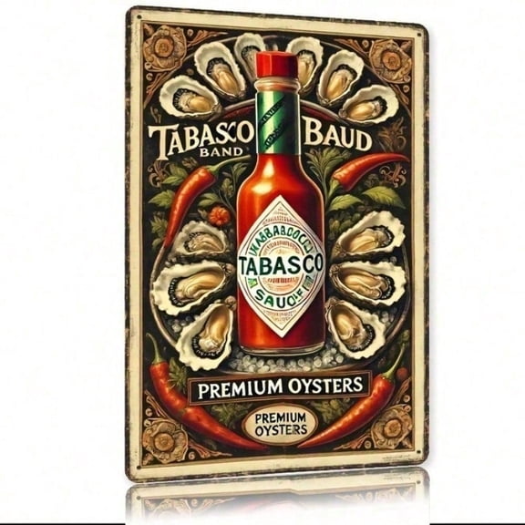 HELLOYOUNG Vintage Metal Wall Art 7.8x11.8 Inch, Rustic Wrought Iron Kitchen Decor Sign with Ornate Border, Southwest Tabasco Oyster Decor for Home