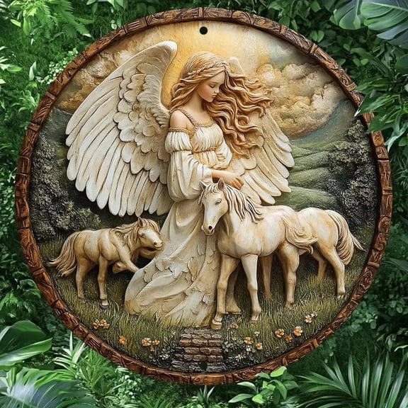 HELLOYOUNG Vintage Metal Wall Art 8 Inch Rustic Angel Horse Sign, Home Office Decor with Distressed Finish, Handmade Metal Tin Sign for Farmhouse Bedroom Living Room Wall Decor