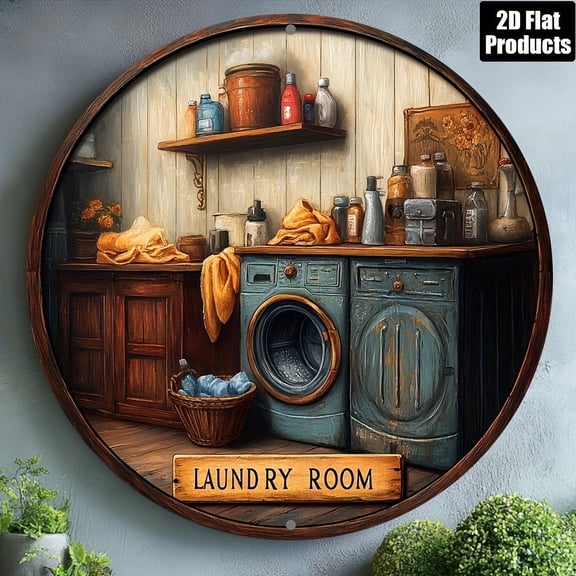 HELLOYOUNG Vintage Metal Wall Art 8x8 Inch, Round Laundry Theme Aluminum Sign for Bar Kitchen Cafe, Rustic Home Decor Gift for Housewarming