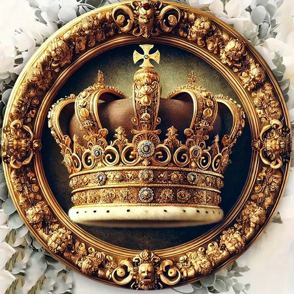 HELLOYOUNG Vintage Metal Wall Art 8x8 Inch Royal Gold Crown 2D Floral Iron Decor with Predrilled Holes for Home Office Wedding Living Room